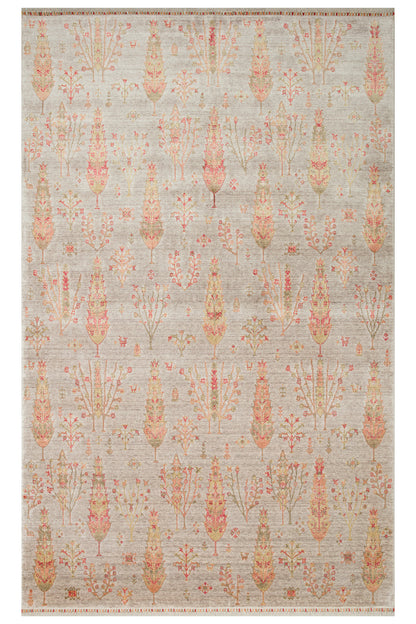 Efsun El Emeği Hayat Ağacı Desenli Bej 2 Rengi Lyocell Özel Tezgah Uşak Desen Saçaklı Salon Halısı