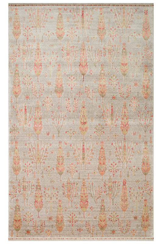 Efsun El Emeği Hayat Ağacı Desenli Bej 2 Rengi Lyocell Özel Tezgah Uşak Desen Saçaklı Salon Halısı