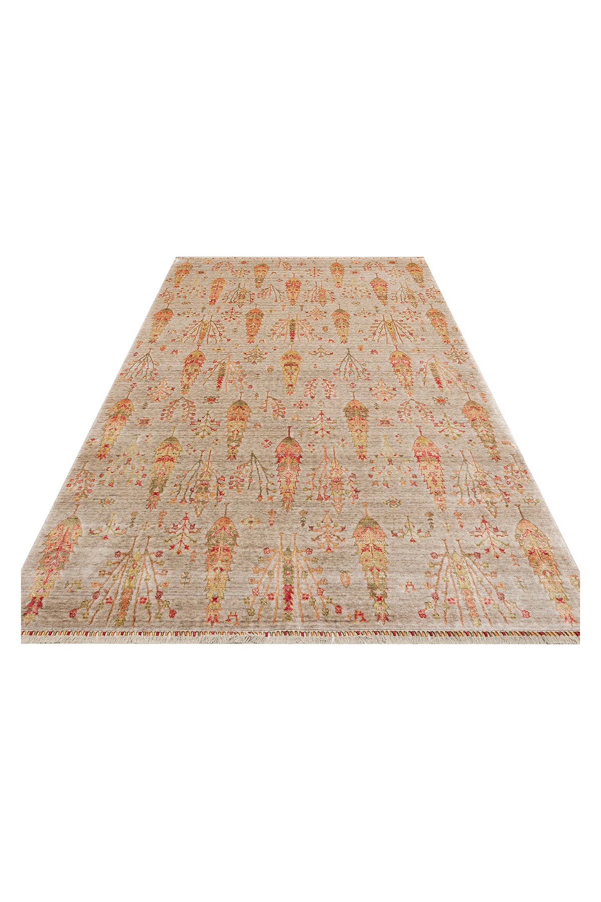 Efsun El Emeği Hayat Ağacı Desenli Bej 2 Rengi Lyocell Özel Tezgah Uşak Desen Saçaklı Salon Halısı