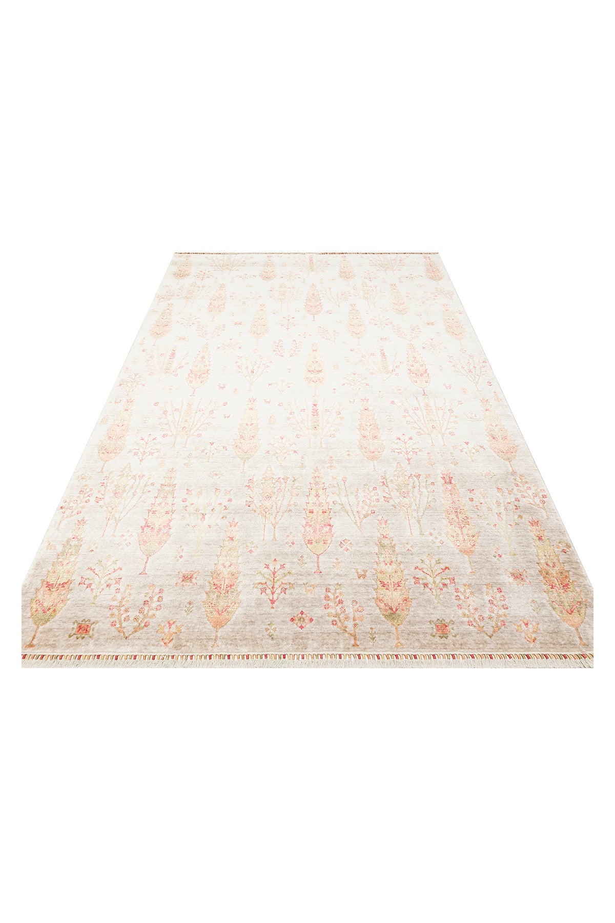 Efsun El Emeği Hayat Ağacı Desenli Bej 2 Rengi Lyocell Özel Tezgah Uşak Desen Saçaklı Salon Halısı