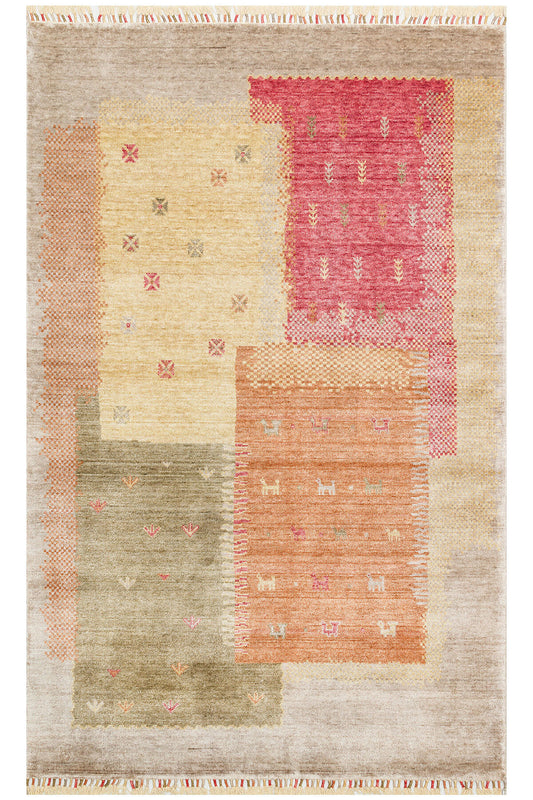 Efsun El Emeği Hayat Ağacı Desenli Bej Rengi Lyocell Özel Tezgah Uşak Desen Saçaklı Salon Halısı