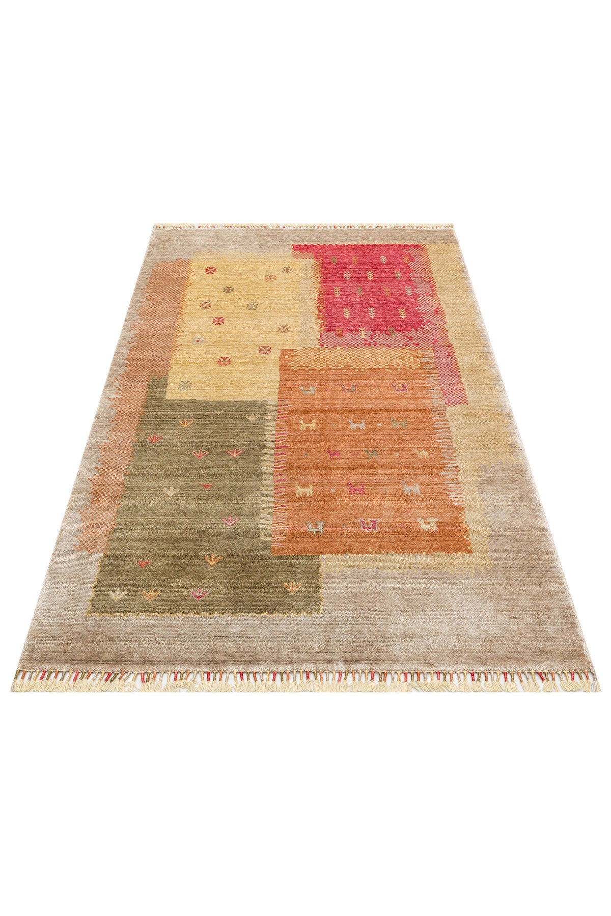 Efsun El Emeği Hayat Ağacı Desenli Bej Rengi Lyocell Özel Tezgah Uşak Desen Saçaklı Salon Halısı