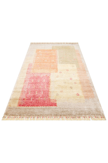 Efsun El Emeği Hayat Ağacı Desenli Bej Rengi Lyocell Özel Tezgah Uşak Desen Saçaklı Salon Halısı