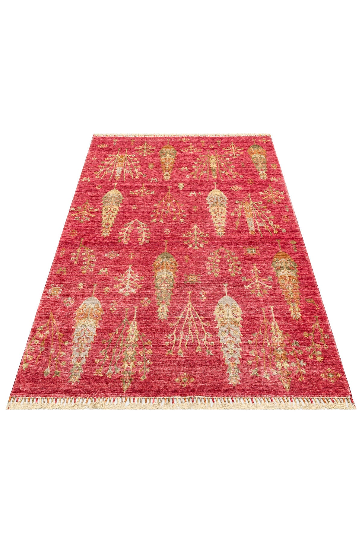 Efsun El Emeği Hayat Ağacı Desenli Kırmızı Lyocell Özel Tezgah Uşak Desen Saçaklı Salon Halısı