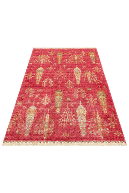 Efsun El Emeği Hayat Ağacı Desenli Kırmızı Lyocell Özel Tezgah Uşak Desen Saçaklı Salon Halısı