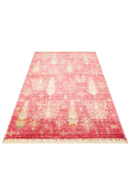 Efsun El Emeği Hayat Ağacı Desenli Kırmızı Lyocell Özel Tezgah Uşak Desen Saçaklı Salon Halısı