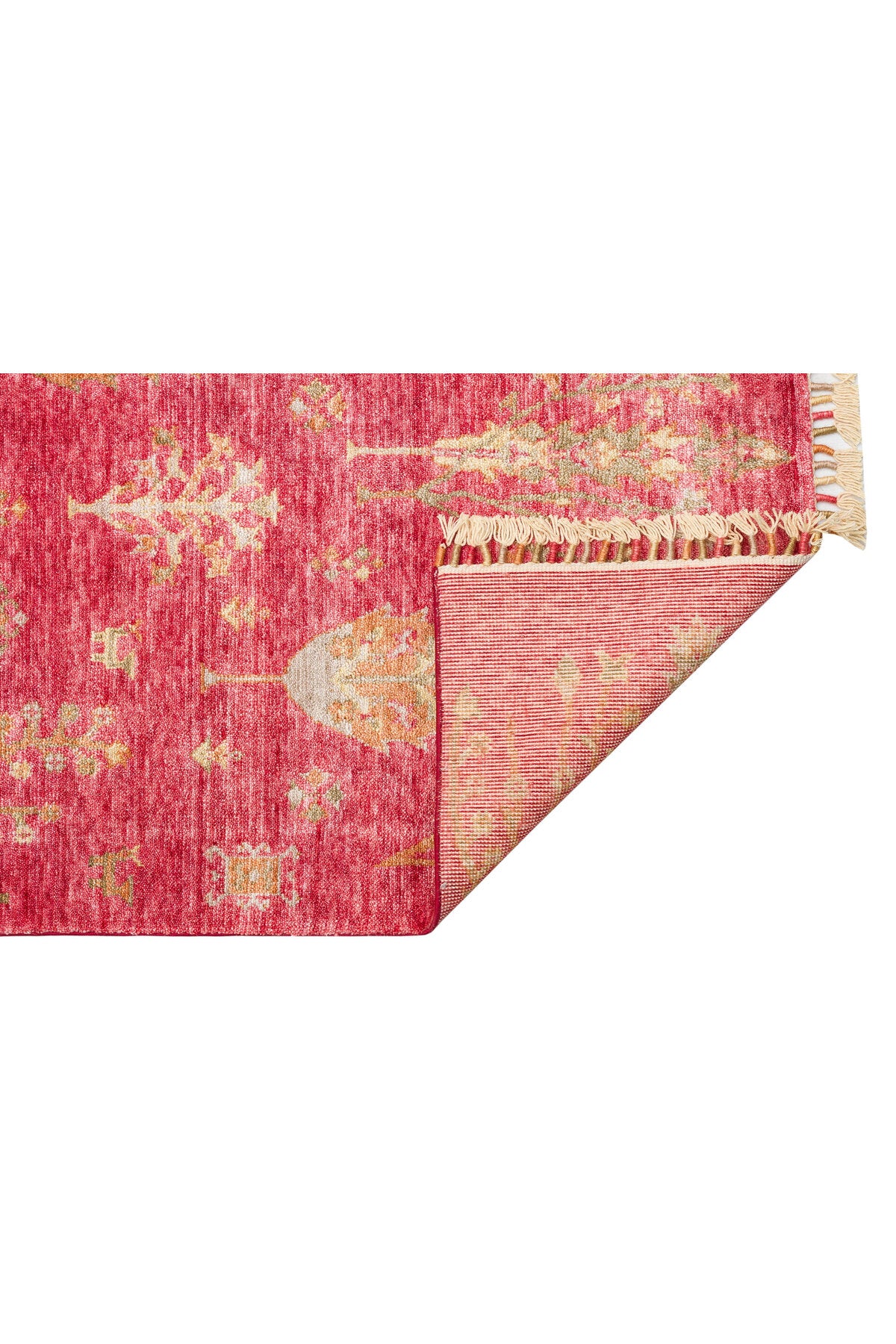 Efsun El Emeği Hayat Ağacı Desenli Kırmızı Lyocell Özel Tezgah Uşak Desen Saçaklı Salon Halısı