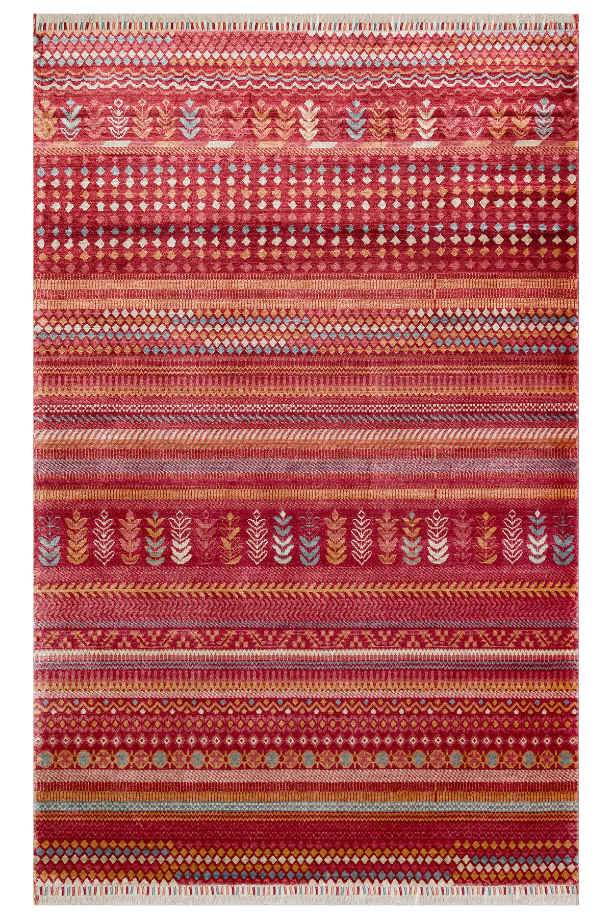 Efsun El Emeği Kırmızı Etnik Çizgili Desen Lyocell Özel Tezgah Saçaklı Salon Halısı