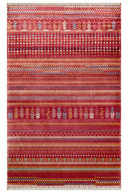 Efsun El Emeği Kırmızı Etnik Çizgili Desen Lyocell Özel Tezgah Saçaklı Salon Halısı