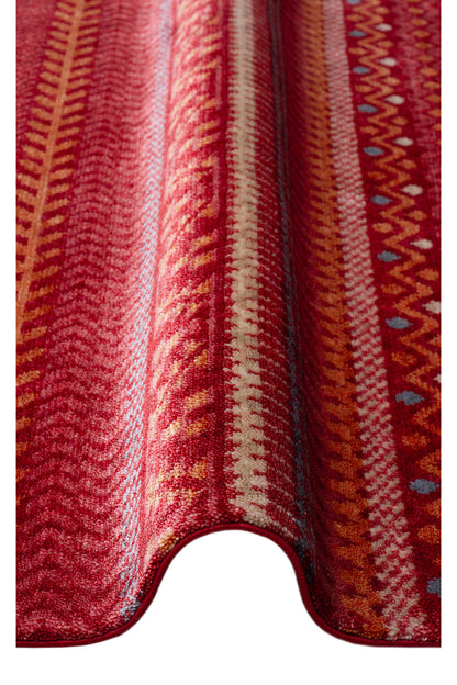 Efsun El Emeği Kırmızı Etnik Çizgili Desen Lyocell Özel Tezgah Saçaklı Salon Halısı