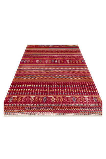 Efsun El Emeği Kırmızı Etnik Çizgili Desen Lyocell Özel Tezgah Saçaklı Salon Halısı
