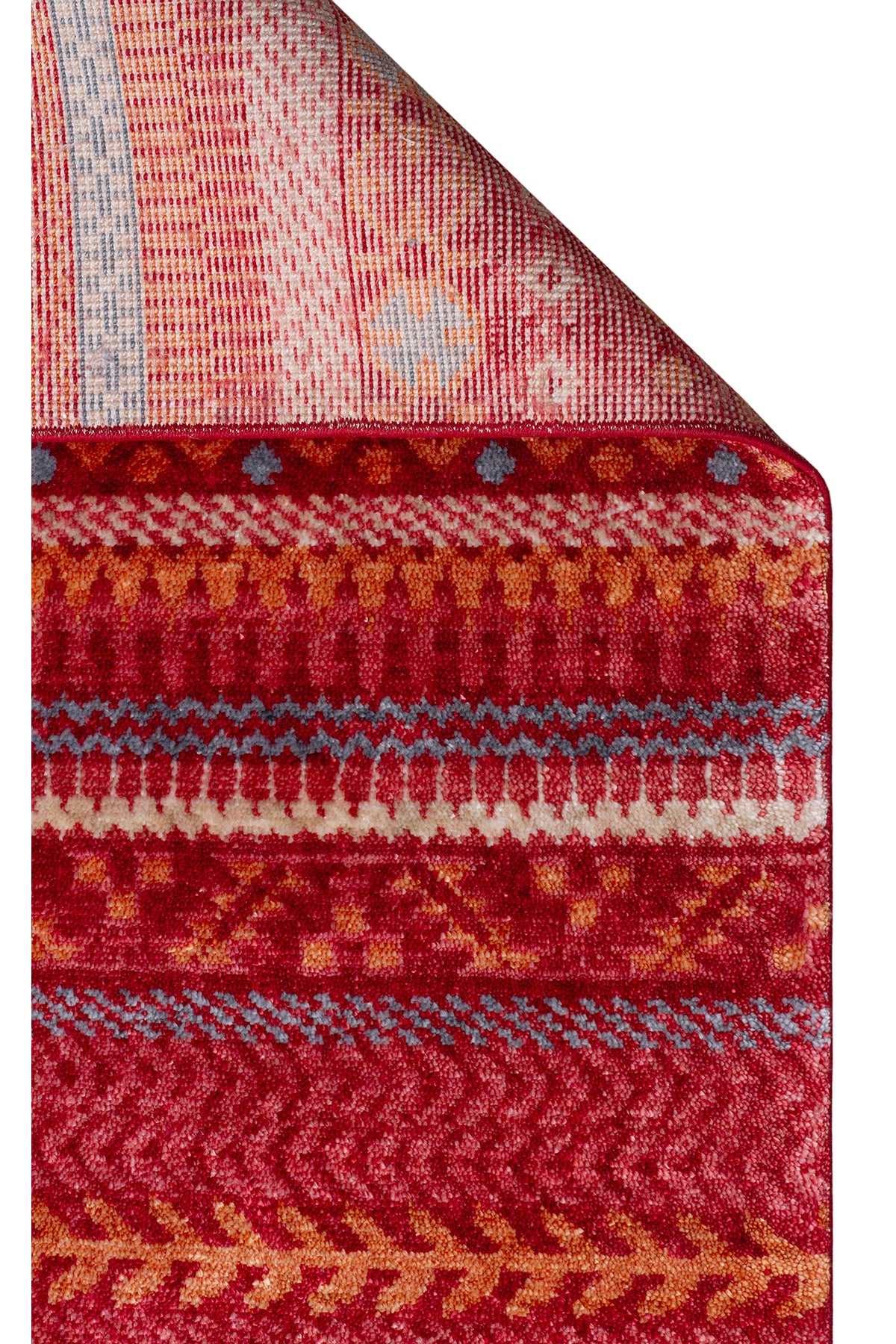 Efsun El Emeği Kırmızı Etnik Çizgili Desen Lyocell Özel Tezgah Saçaklı Salon Halısı