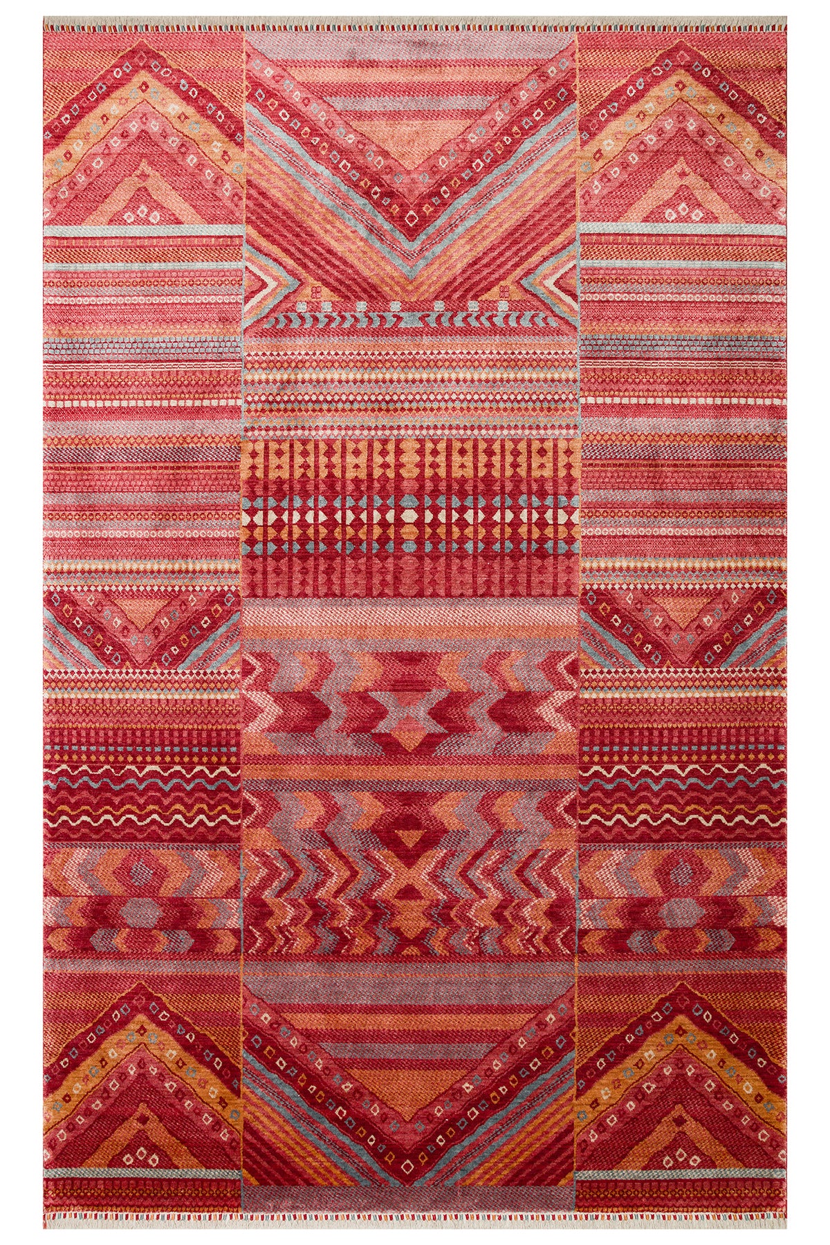 Efsun El Emeği Kırmızı Etnik Geometrik Desenli Lyocell Özel Tezgah Saçaklı Salon Halısı