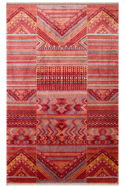 Efsun El Emeği Kırmızı Etnik Geometrik Desenli Lyocell Özel Tezgah Saçaklı Salon Halısı