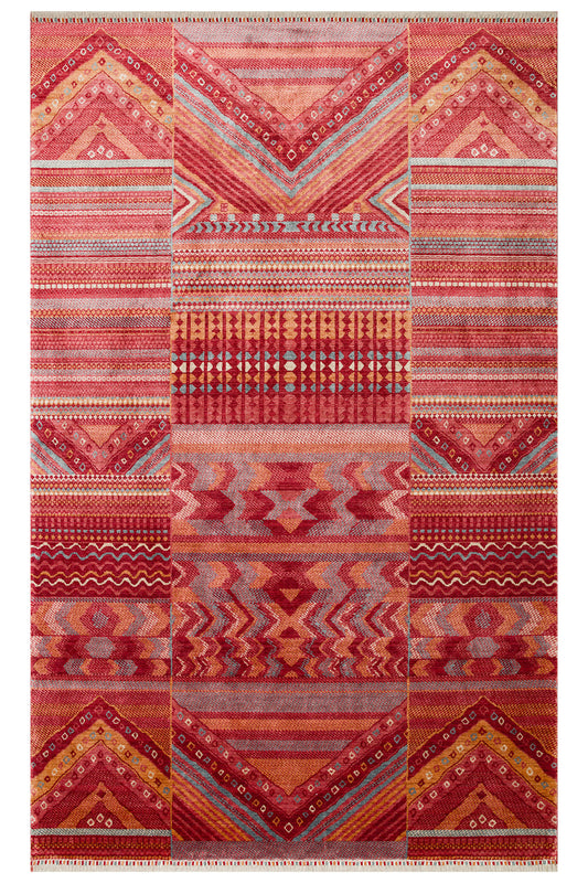 Efsun El Emeği Kırmızı Etnik Geometrik Desenli Lyocell Özel Tezgah Saçaklı Salon Halısı