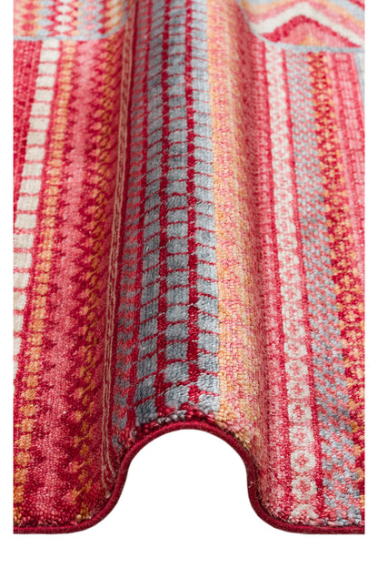 Efsun El Emeği Kırmızı Etnik Geometrik Desenli Lyocell Özel Tezgah Saçaklı Salon Halısı