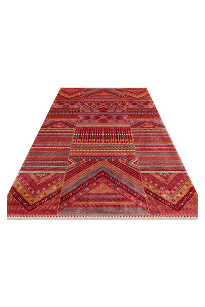 Efsun El Emeği Kırmızı Etnik Geometrik Desenli Lyocell Özel Tezgah Saçaklı Salon Halısı