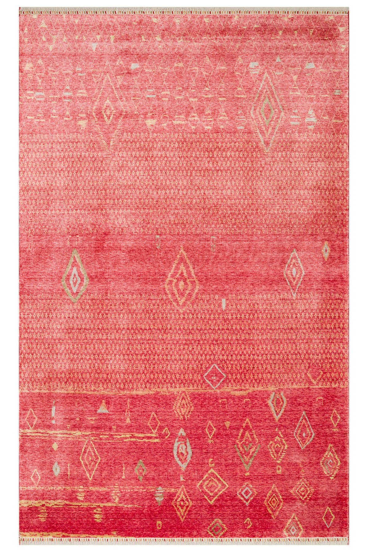 Efsun El Emeği Kırmızı Renk Lyocell Özel Tezgah Etnik Uşak Desen Saçaklı Salon Halısı