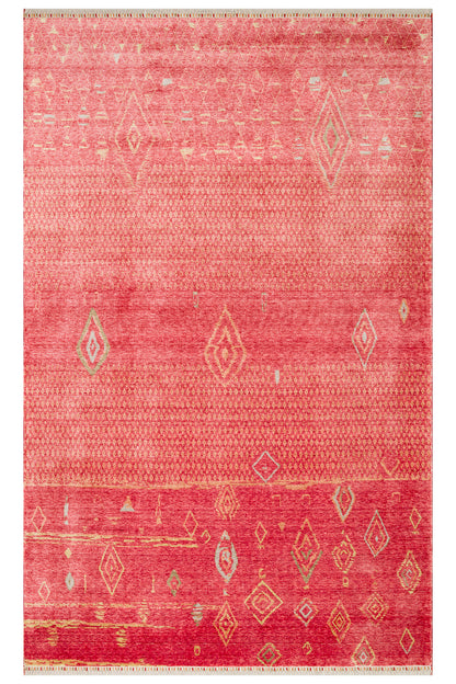 Efsun El Emeği Kırmızı Renk Lyocell Özel Tezgah Etnik Uşak Desen Saçaklı Salon Halısı