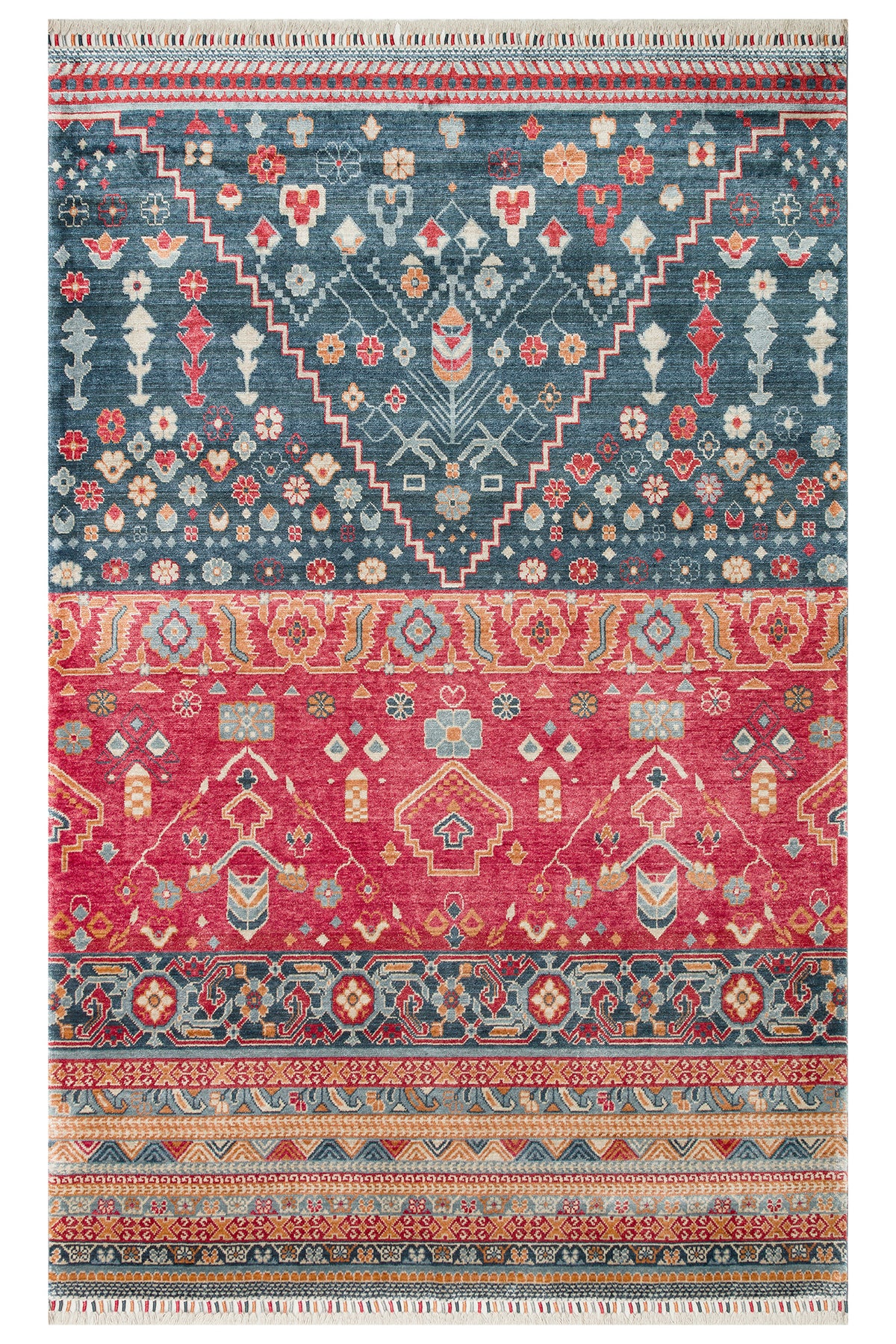 Efsun El Emeği Lacivert Lyocell Özel Tezgah Modern Uşak Desenli Saçaklı Salon Halısı