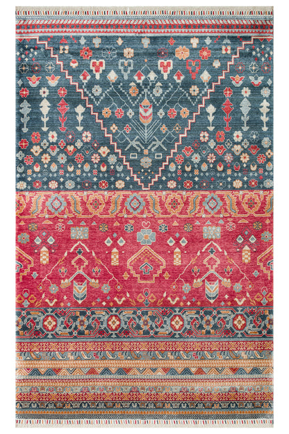 Efsun El Emeği Lacivert Lyocell Özel Tezgah Modern Uşak Desenli Saçaklı Salon Halısı