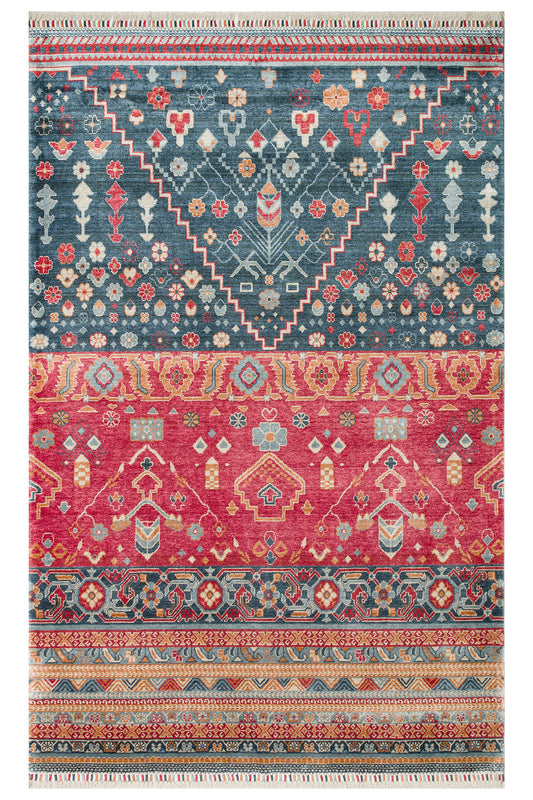 Efsun El Emeği Lacivert Lyocell Özel Tezgah Modern Uşak Desenli Saçaklı Salon Halısı