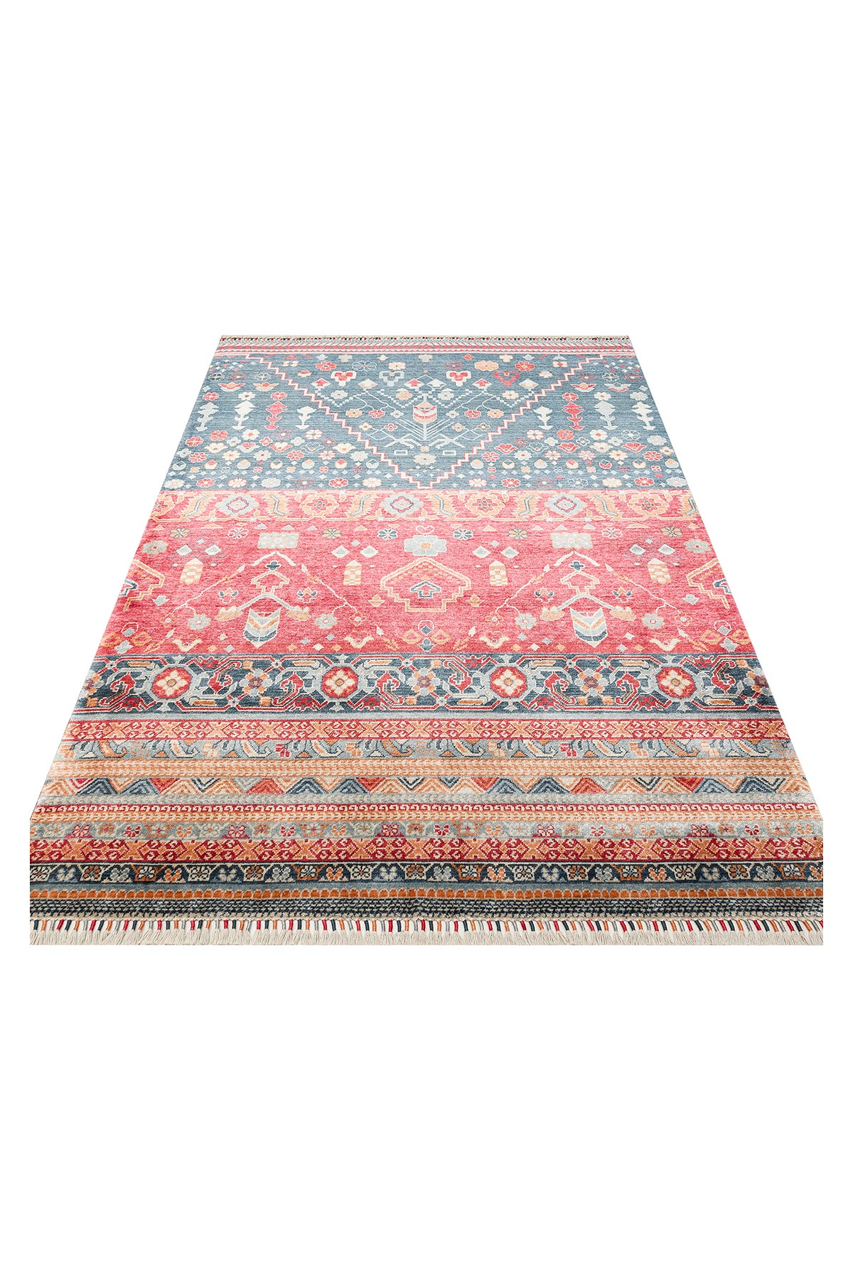 Efsun El Emeği Lacivert Lyocell Özel Tezgah Modern Uşak Desenli Saçaklı Salon Halısı