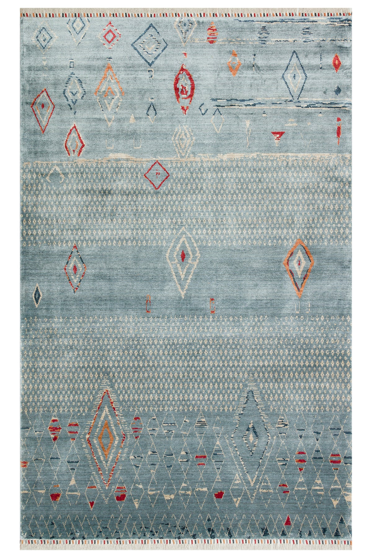 Efsun El Emeği Mavi Etnik Desenli Lyocell Özel Tezgah Uşak Desen Saçaklı Salon Halısı