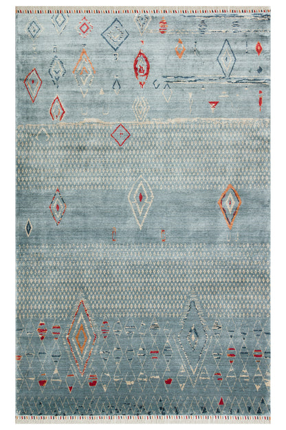 Efsun El Emeği Mavi Etnik Desenli Lyocell Özel Tezgah Uşak Desen Saçaklı Salon Halısı