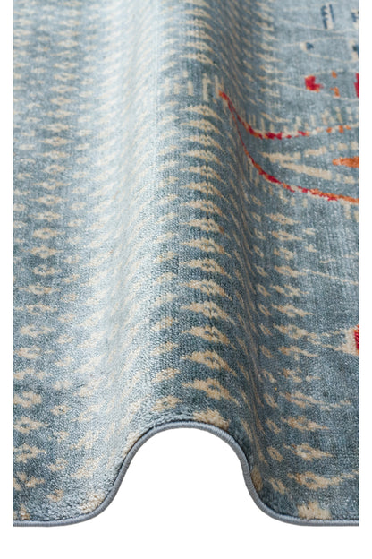 Efsun El Emeği Mavi Etnik Desenli Lyocell Özel Tezgah Uşak Desen Saçaklı Salon Halısı