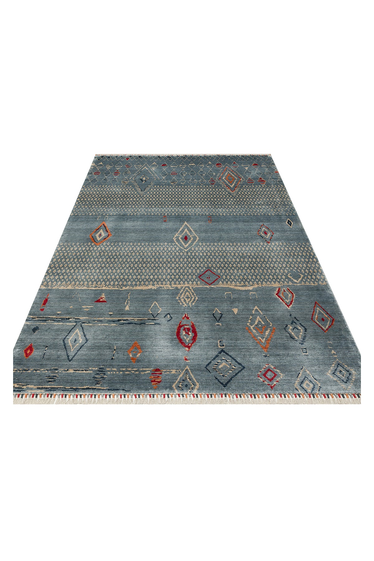 Efsun El Emeği Mavi Etnik Desenli Lyocell Özel Tezgah Uşak Desen Saçaklı Salon Halısı