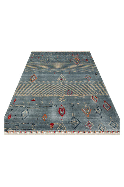 Efsun El Emeği Mavi Etnik Desenli Lyocell Özel Tezgah Uşak Desen Saçaklı Salon Halısı