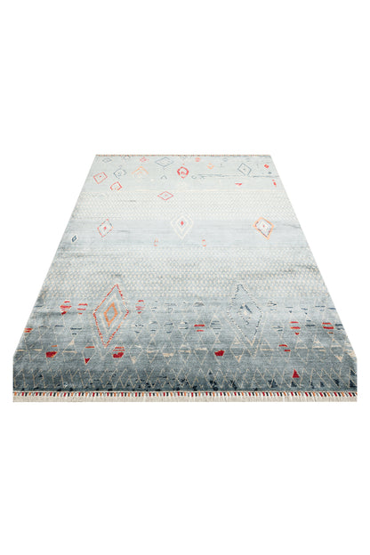 Efsun El Emeği Mavi Etnik Desenli Lyocell Özel Tezgah Uşak Desen Saçaklı Salon Halısı