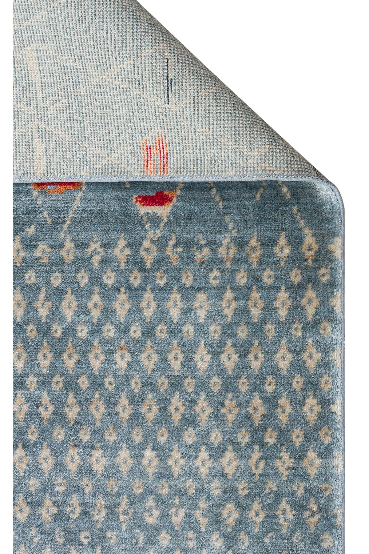 Efsun El Emeği Mavi Etnik Desenli Lyocell Özel Tezgah Uşak Desen Saçaklı Salon Halısı