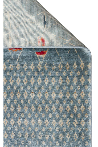 Efsun El Emeği Mavi Etnik Desenli Lyocell Özel Tezgah Uşak Desen Saçaklı Salon Halısı