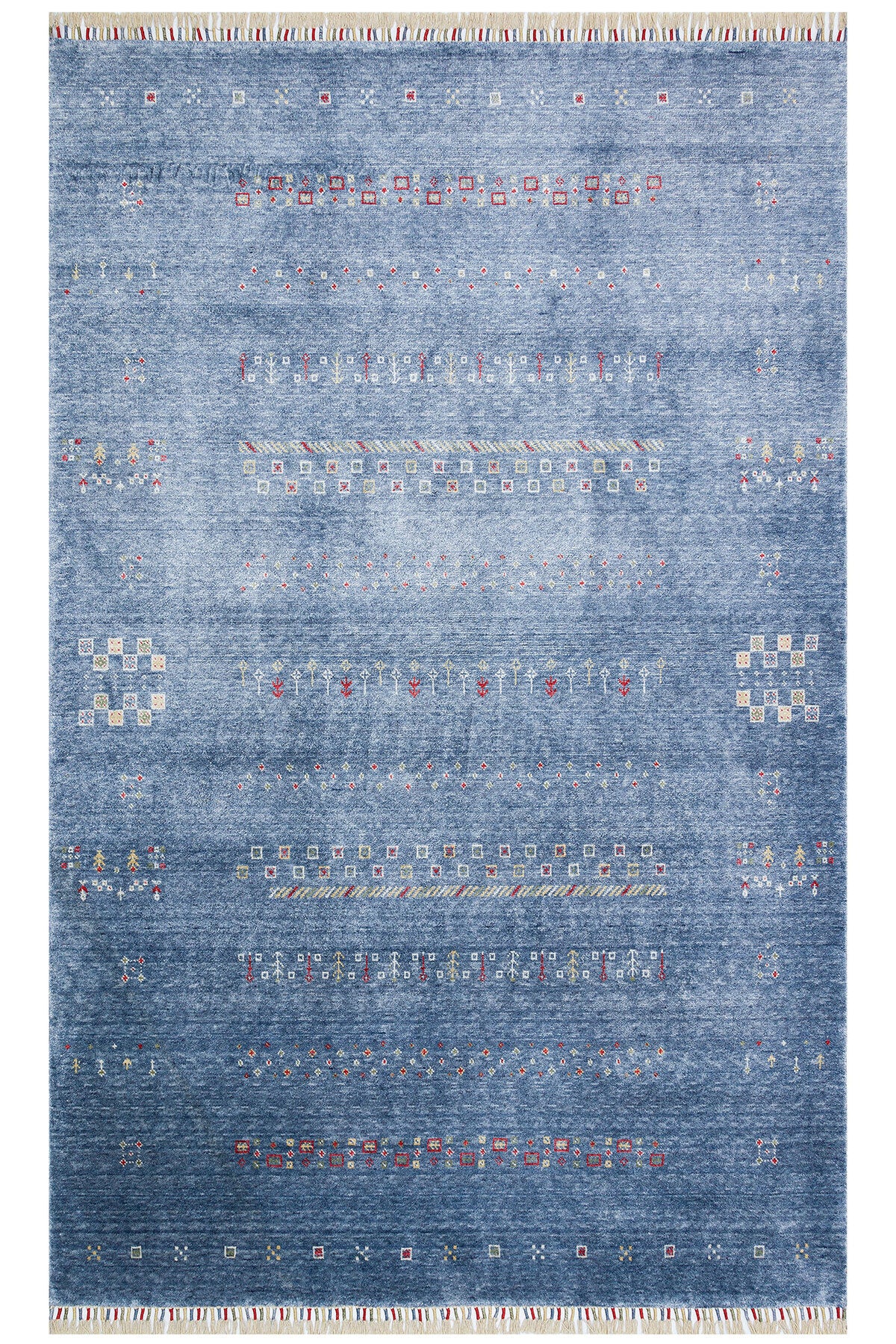 Efsun El Emeği Mavi Renk Lyocell Özel Tezgah Modern Uşak Desenli Saçaklı Salon Halısı