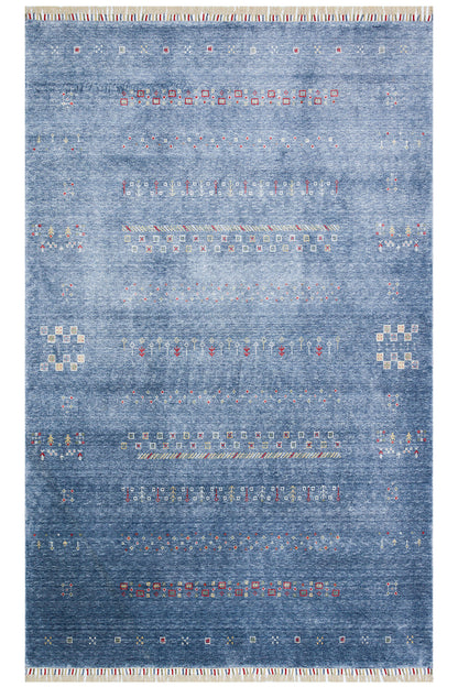 Efsun El Emeği Mavi Renk Lyocell Özel Tezgah Modern Uşak Desenli Saçaklı Salon Halısı