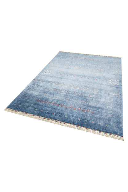 Efsun El Emeği Mavi Renk Lyocell Özel Tezgah Modern Uşak Desenli Saçaklı Salon Halısı