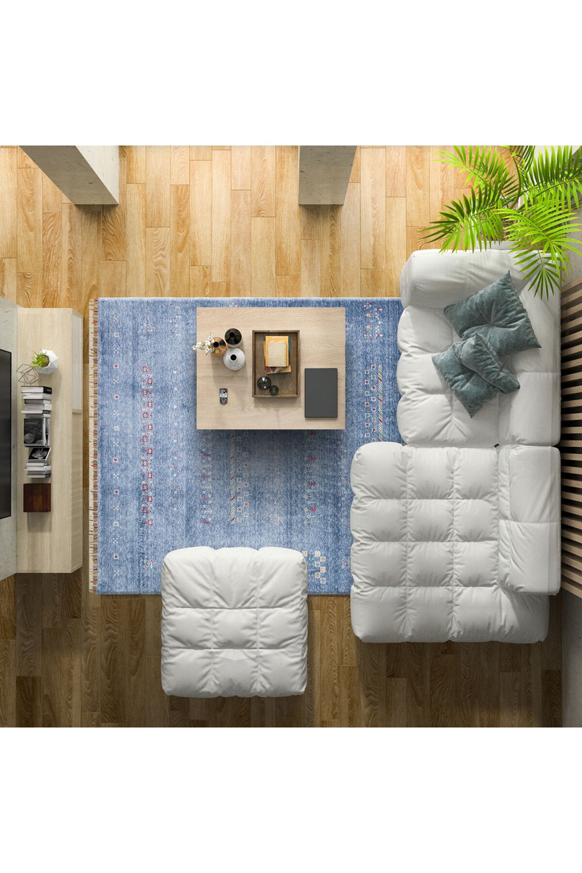 Efsun El Emeği Mavi Renk Lyocell Özel Tezgah Modern Uşak Desenli Saçaklı Salon Halısı