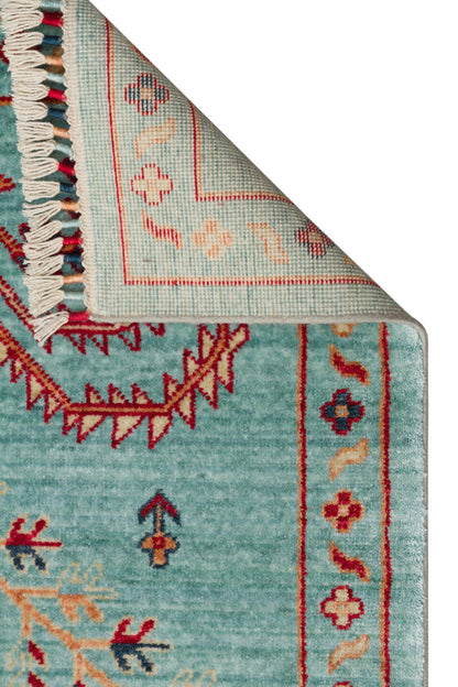Efsun El Emeği Turkuaz Rengi Lyocell Özel Tezgah Etnik Uşak Desen Saçaklı Salon Halısı