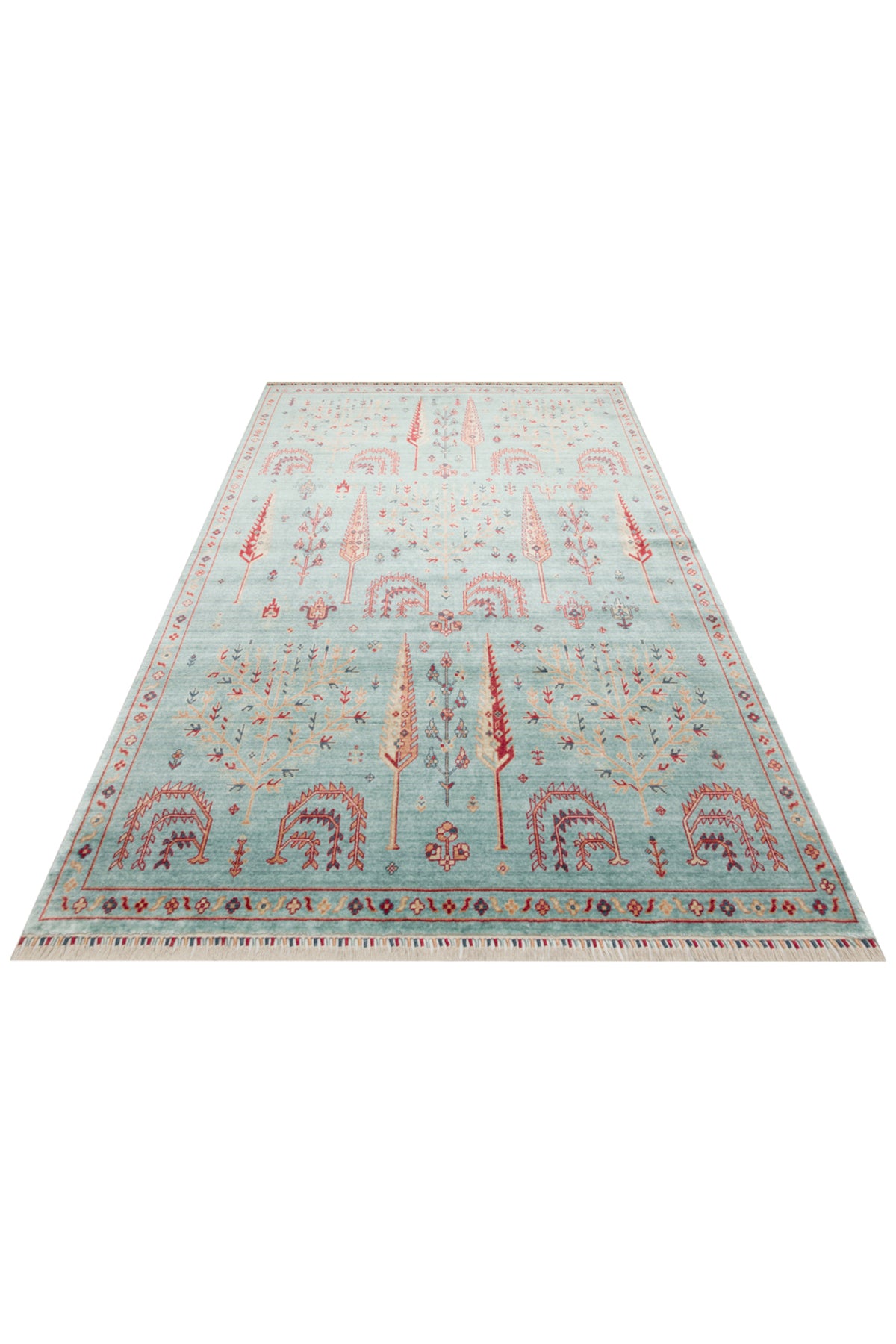 Efsun El Emeği Turkuaz Rengi Lyocell Özel Tezgah Etnik Uşak Desen Saçaklı Salon Halısı