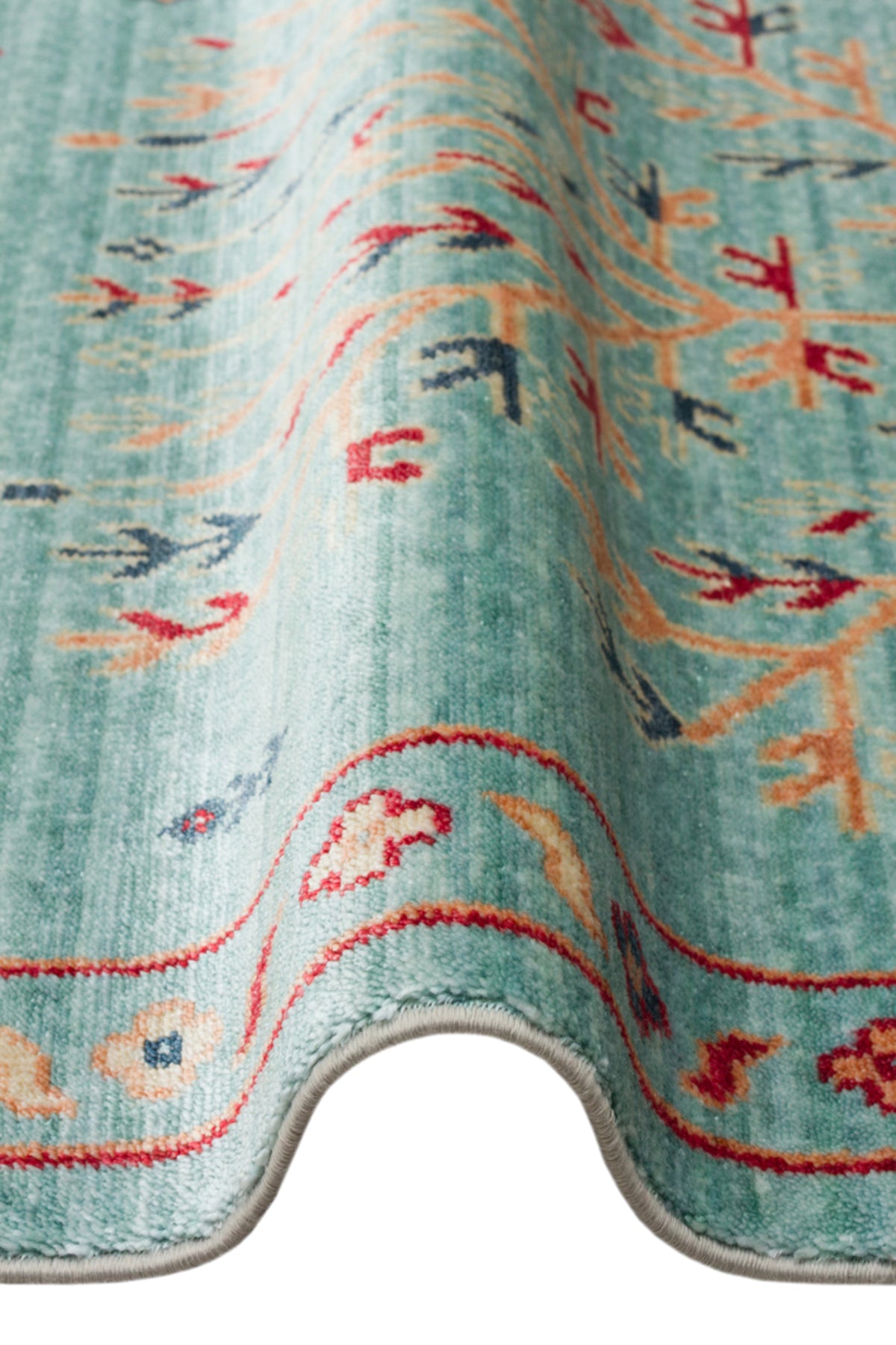 Efsun El Emeği Turkuaz Rengi Lyocell Özel Tezgah Etnik Uşak Desen Saçaklı Salon Halısı