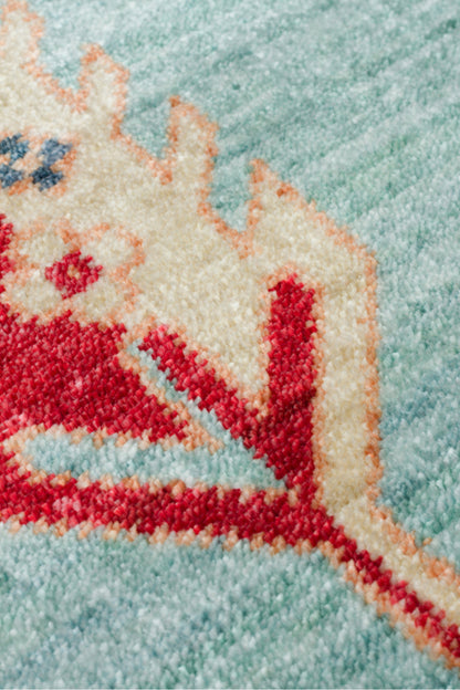 Efsun El Emeği Turkuaz Rengi Lyocell Özel Tezgah Etnik Uşak Desen Saçaklı Salon Halısı