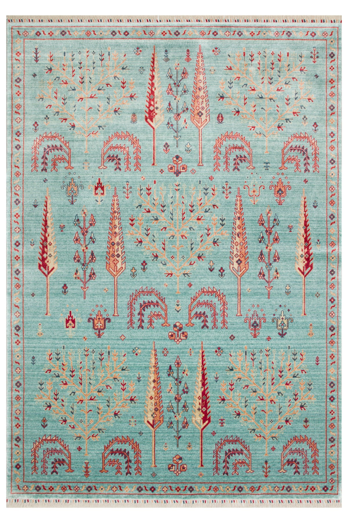 Efsun El Emeği Turkuaz Rengi Lyocell Özel Tezgah Etnik Uşak Desen Saçaklı Salon Halısı