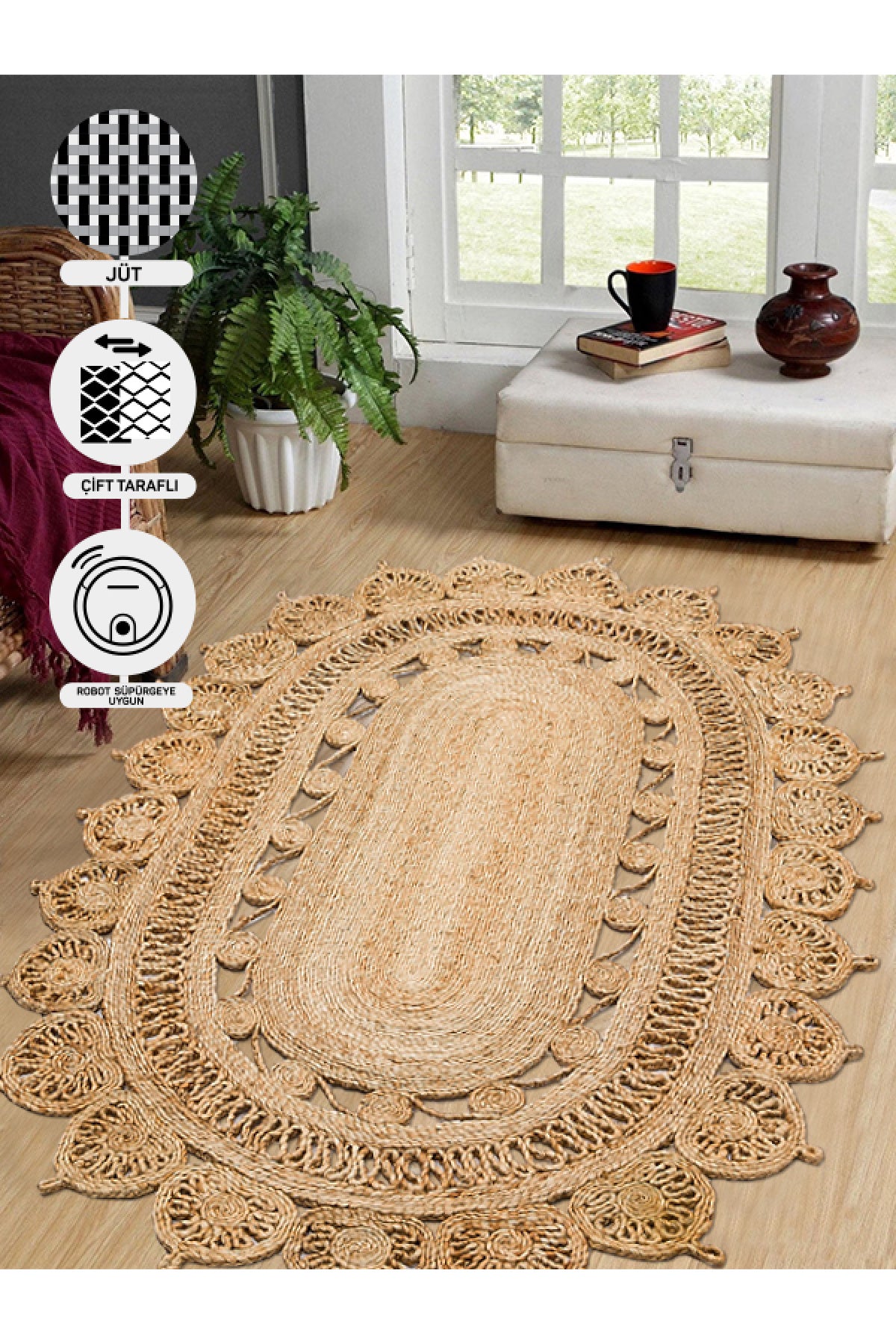 Durable Weave Natural Handmade Jute Wicker Round Oval Carpet Made with Hand Woven Jute Fibers