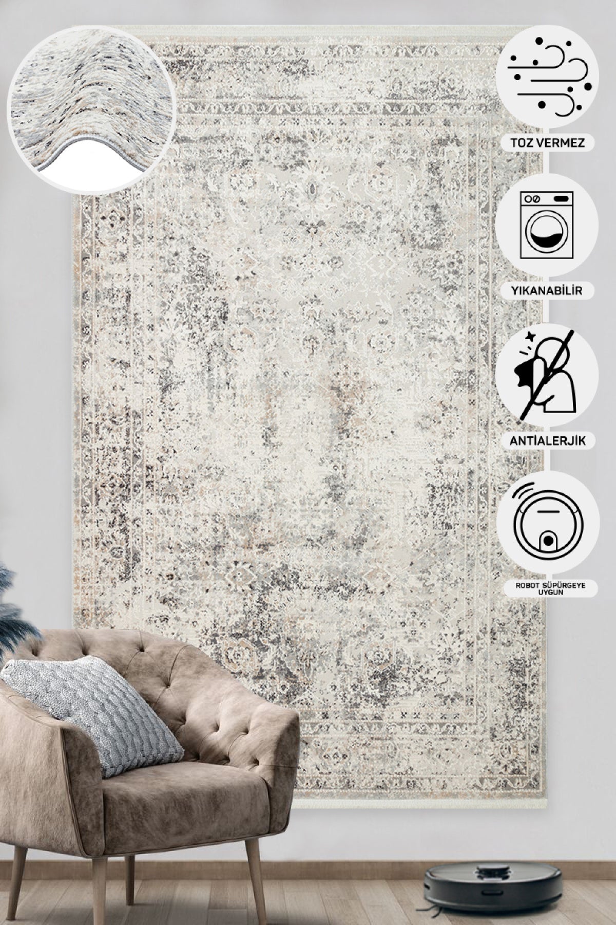 Vintage Patterned Modern Antiallergic Cream Gray Machine Made Carpet Living Hall Hallway Kitchen Room Carpet