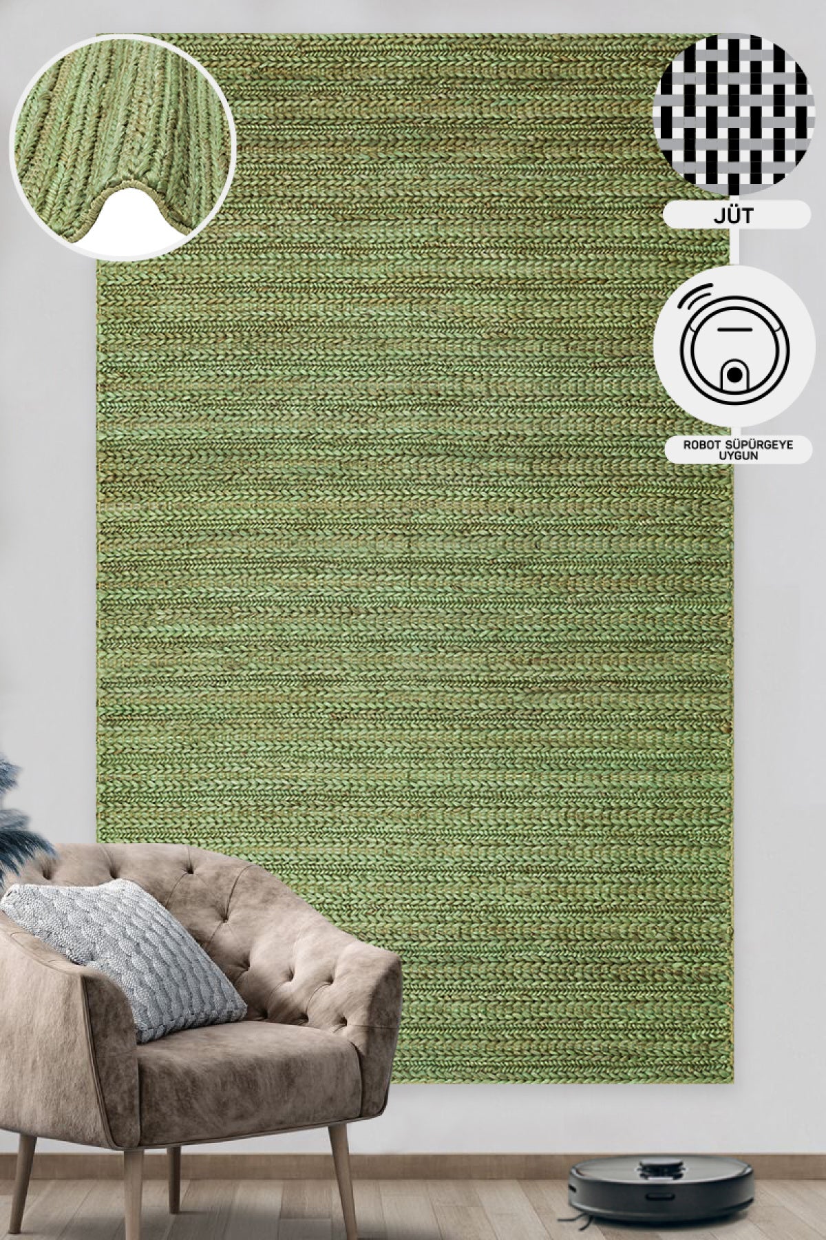 Hand-Woven Natural Jute Wicker Carpet with Different Weave Texture