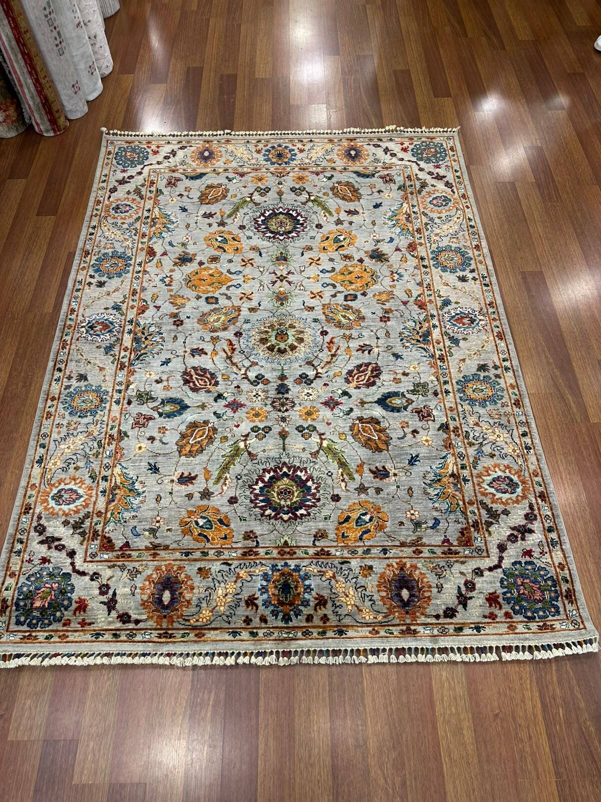 Sultani Açık Yeşil Geleneksel El Dokuma Halı Anadolu Desenli Vintage Dekoratif Yün Salon Halısı - Lacivert