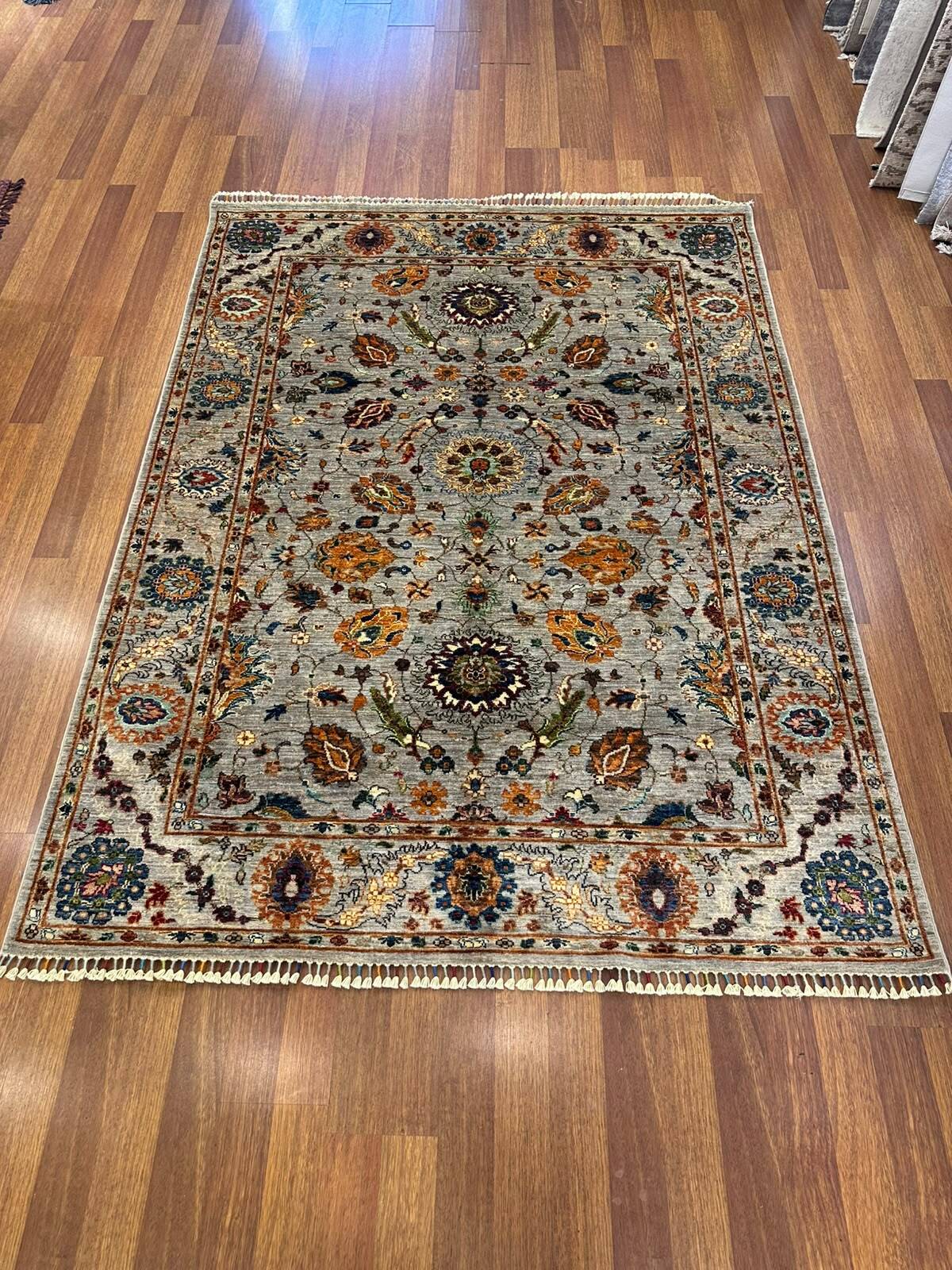 Sultani Açık Yeşil Geleneksel El Dokuma Halı Anadolu Desenli Vintage Dekoratif Yün Salon Halısı - Lacivert