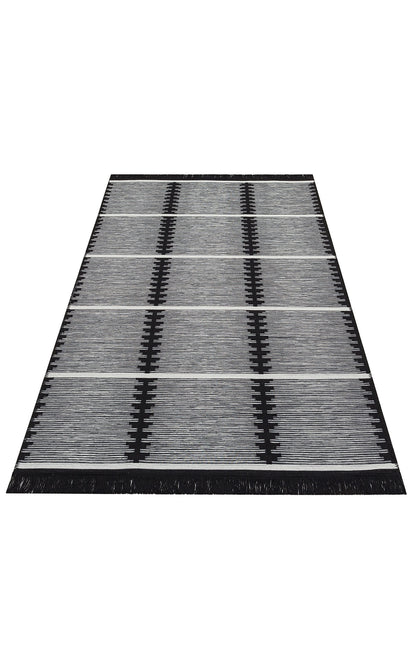 Modern Patterned Woven Washable Double Sided Cotton Black and White Rug